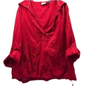 Chicos Women's Top XL Red Gauzy 100% Cotton Hooded Lightweight Pockets Roll Tab
